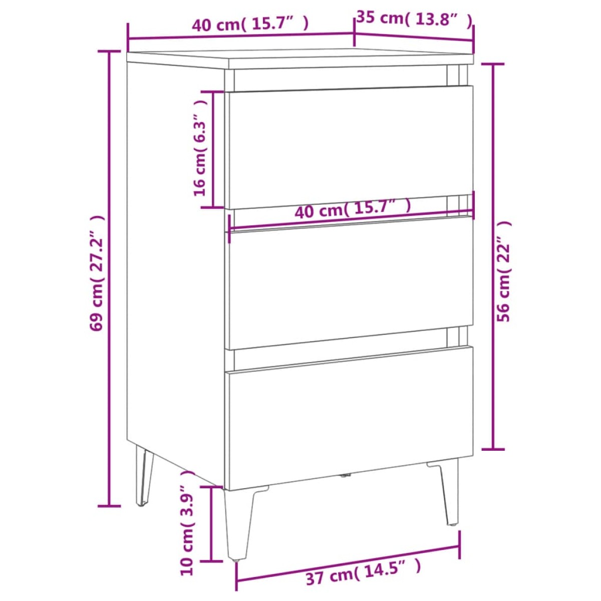 vidaXL Κομοδίνο Λευκό 40 x 35 x 69 εκ. με Μεταλλικά Πόδια