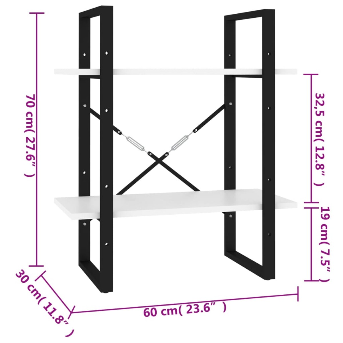vidaXL Βιβλιοθήκη με 2 Ράφια Λευκή 60 x 30 x 70 εκ. από Μοριοσανίδα