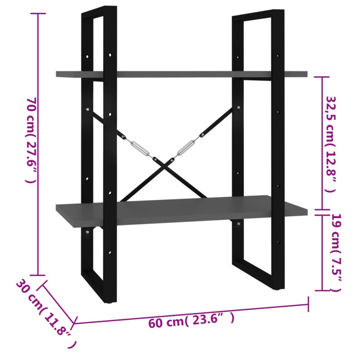 vidaXL Βιβλιοθήκη με 2 Ράφια Γκρι 60 x 30 x 70 εκ. από Μοριοσανίδα