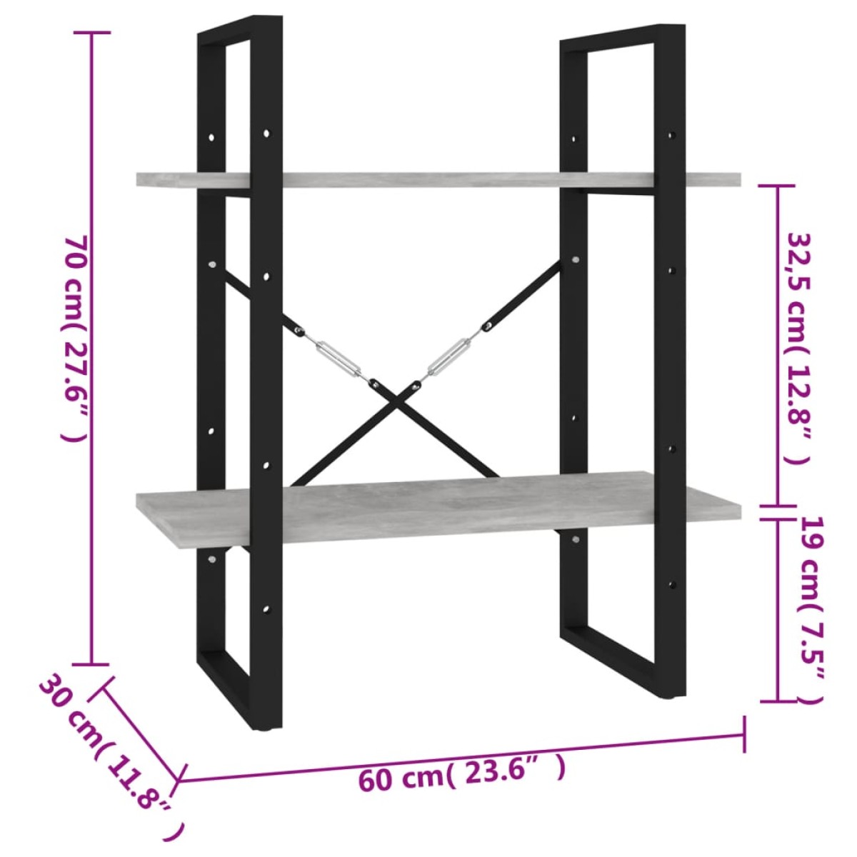 vidaXL Βιβλιοθήκη με 2 Ράφια Γκρι Σκυρ. 60 x 30 x 70 εκ. Μοριοσανίδα