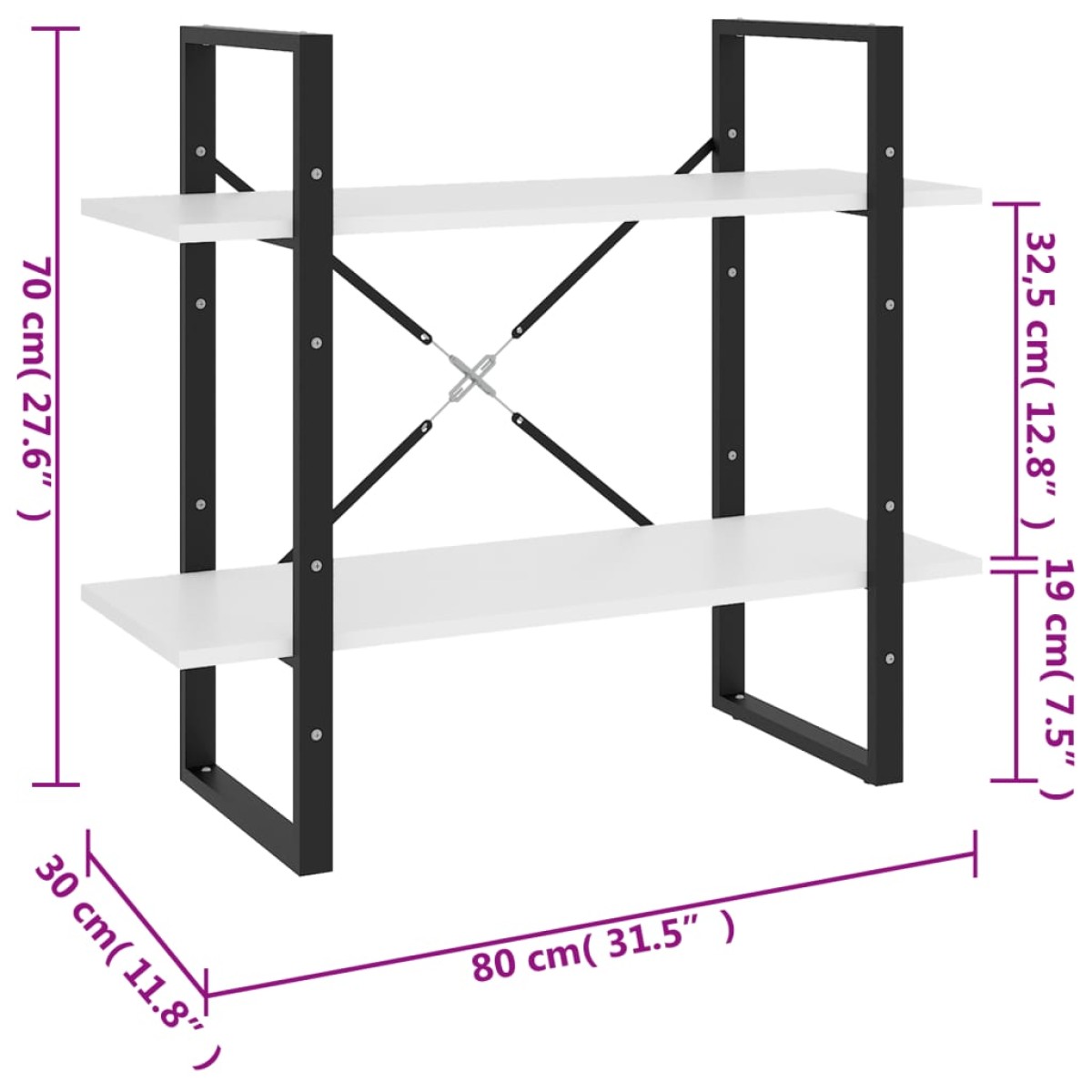 vidaXL Βιβλιοθήκη με 2 Ράφια Λευκή 80 x 30 x 70 εκ. από Μοριοσανίδα