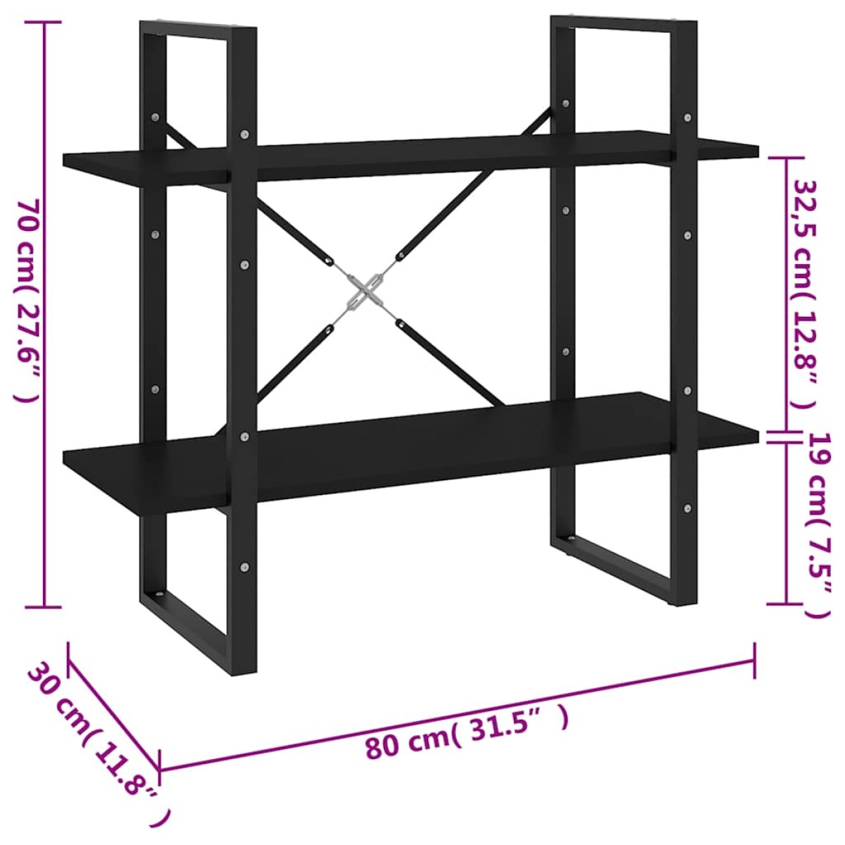 vidaXL Βιβλιοθήκη με 2 Ράφια Μαύρη 80 x 30 x 70 εκ. από Μοριοσανίδα