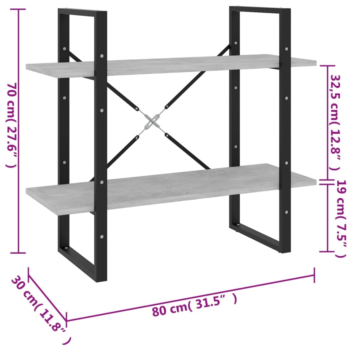 vidaXL Βιβλιοθήκη με 2 Ράφια Γκρι Σκυρ. 80 x 30 x 70 εκ. Μοριοσανίδα