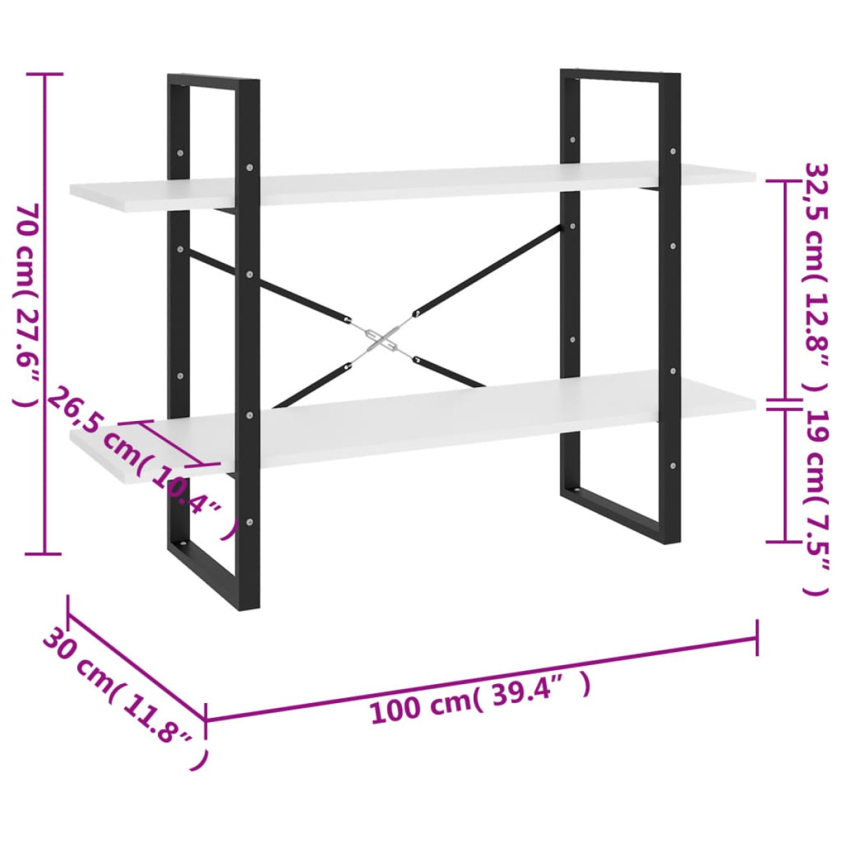 vidaXL Βιβλιοθήκη με 2 Ράφια Λευκή 100 x 30 x 70 εκ. από Μοριοσανίδα