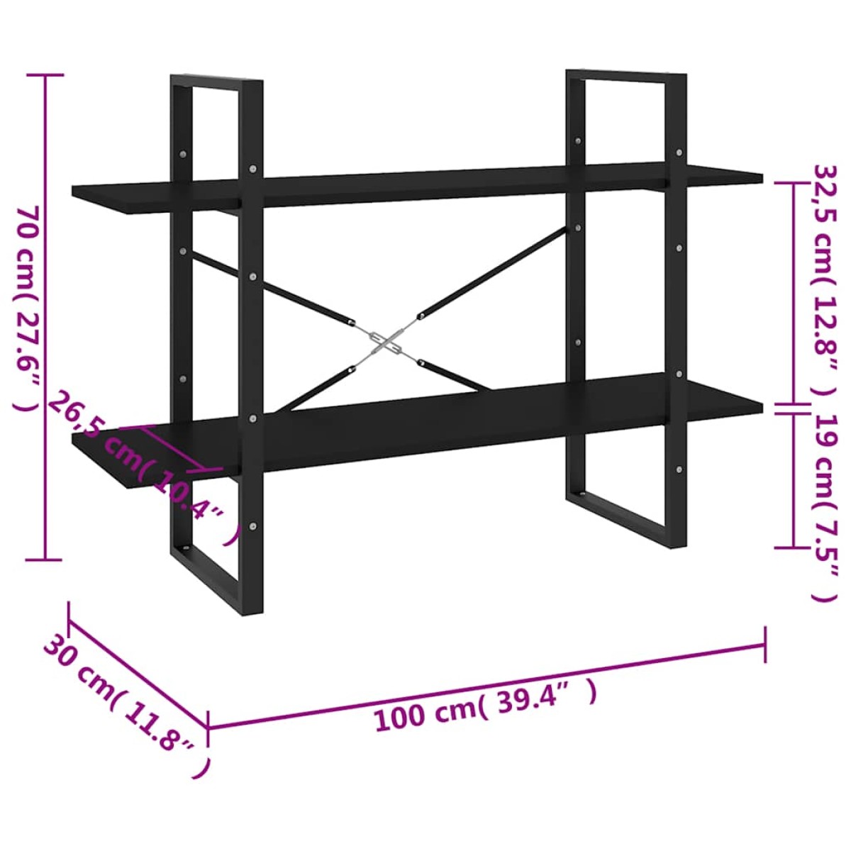 vidaXL Βιβλιοθήκη με 2 Ράφια Μαύρη 100 x 30 x 70 εκ. από Μοριοσανίδα