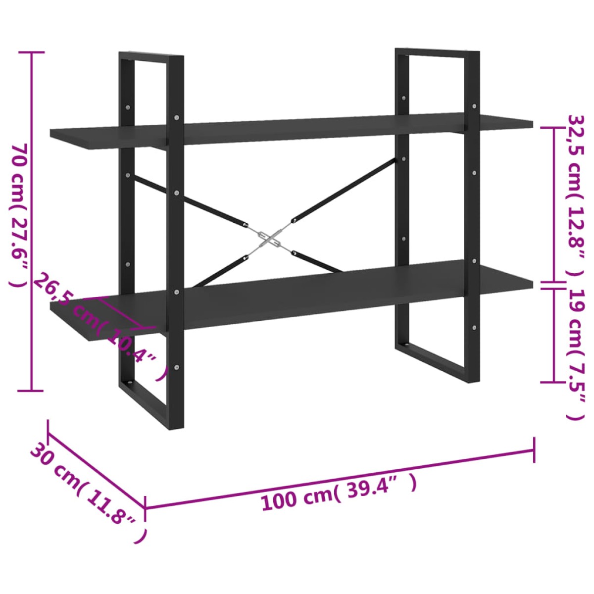 vidaXL Βιβλιοθήκη με 2 Ράφια Γκρι 100 x 30 x 70 εκ. από Μοριοσανίδα