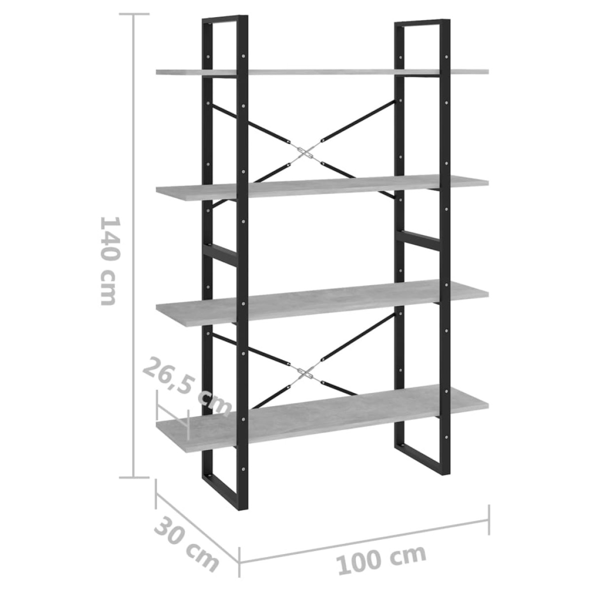 vidaXL Βιβλιοθήκη με 4 Ράφια Γκρι Σκυροδέμ. 100x30x140 εκ. Μοριοσανίδα