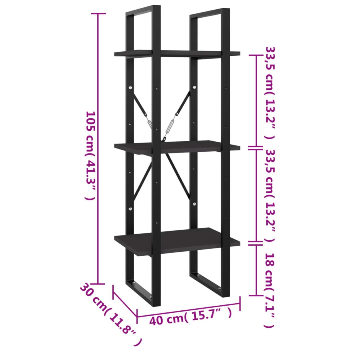 vidaXL Βιβλιοθήκη με 3 Ράφια Γκρι 40 x 30 x 105 εκ. από Μοριοσανίδα