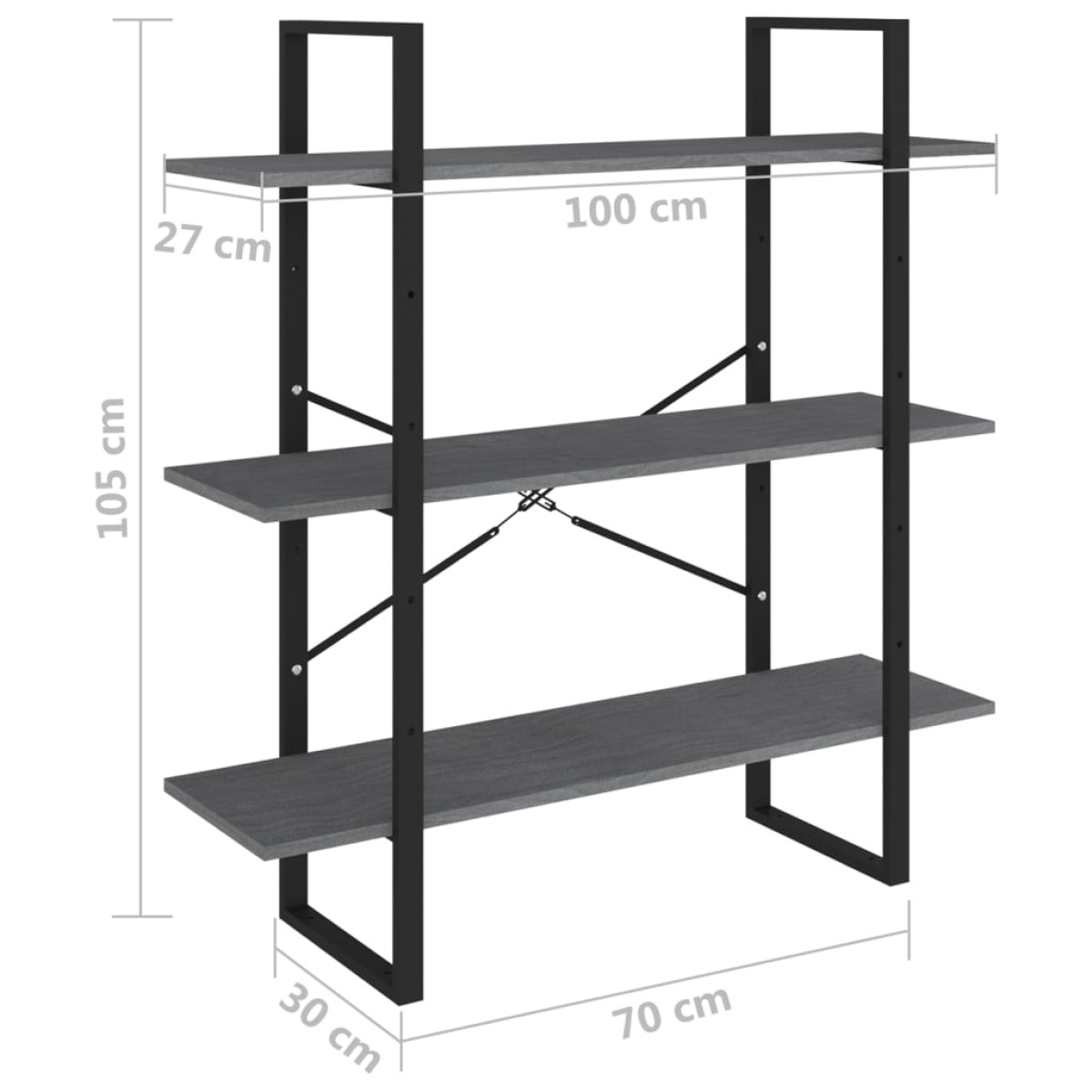 vidaXL Βιβλιοθήκη με 3 Ράφια Γκρι 100x30x105 εκ. από Μασίφ Ξύλο Πεύκου