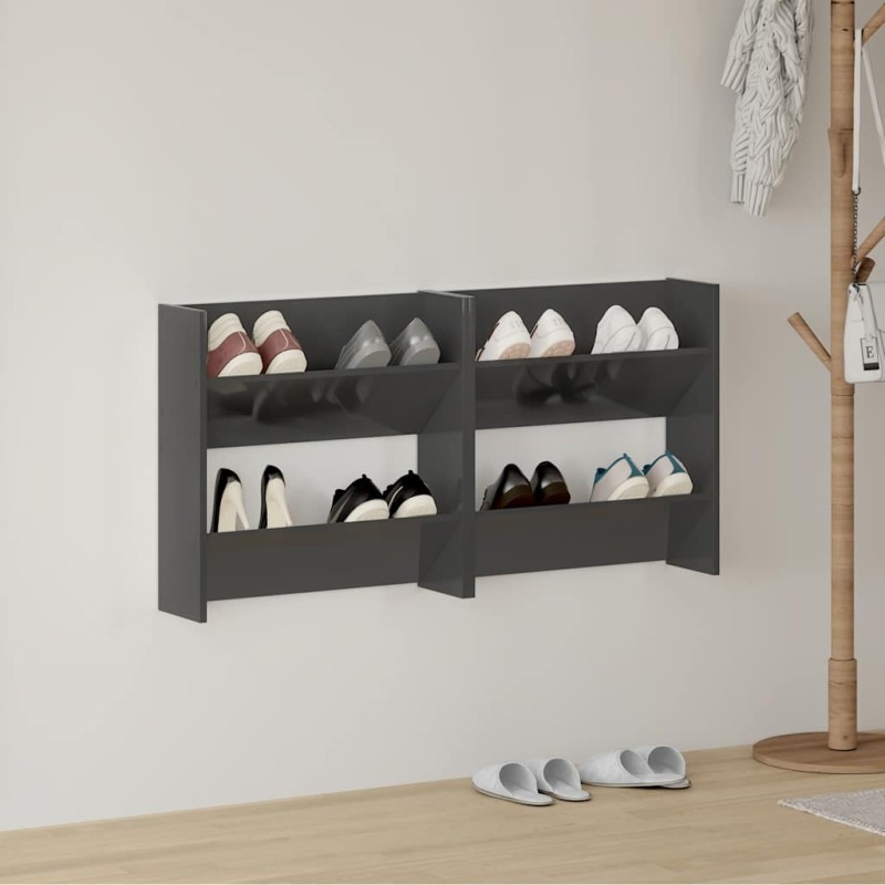 vidaXL Παπουτσοθήκες Τοίχου 2 τεμ. Γυαλ. Γκρι 60x18x60εκ. Επεξ. Ξύλο