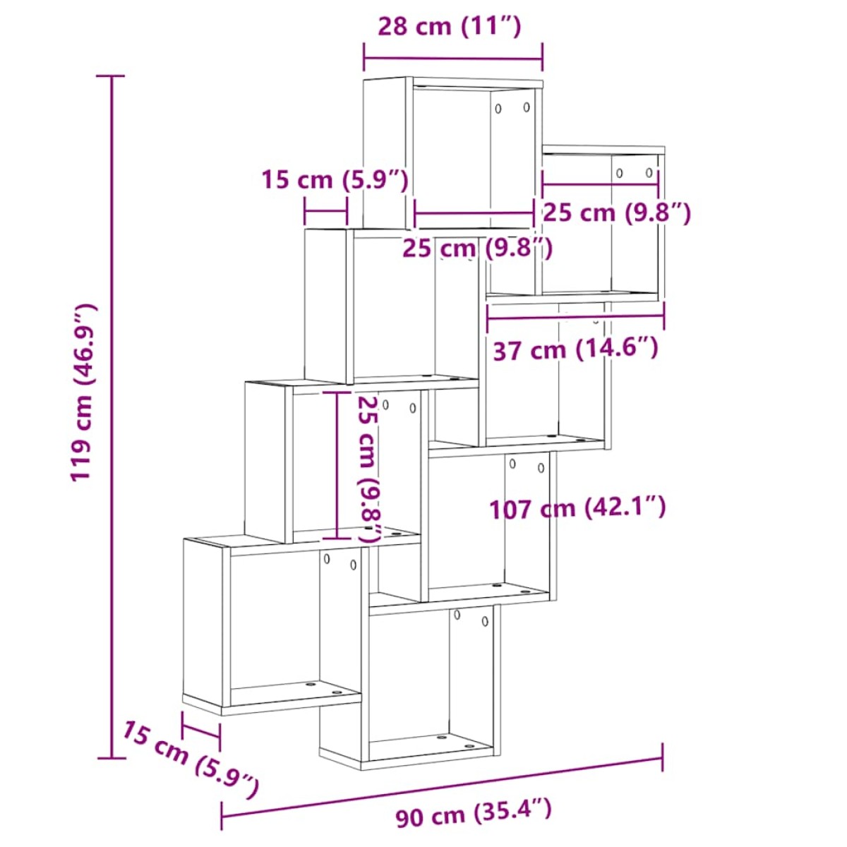 vidaXL Ράφι Κύβος Τοίχου Μαύρο 90 x 15 x 119 εκ. από Μοριοσανίδα