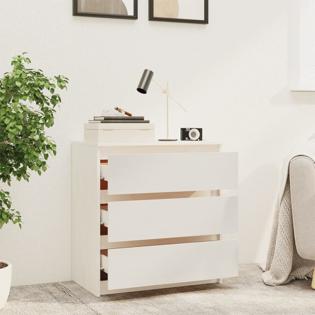 vidaXL Κομοδίνο Λευκό 60 x 36 x 64 εκ. από Μασίφ Ξύλο Πεύκου