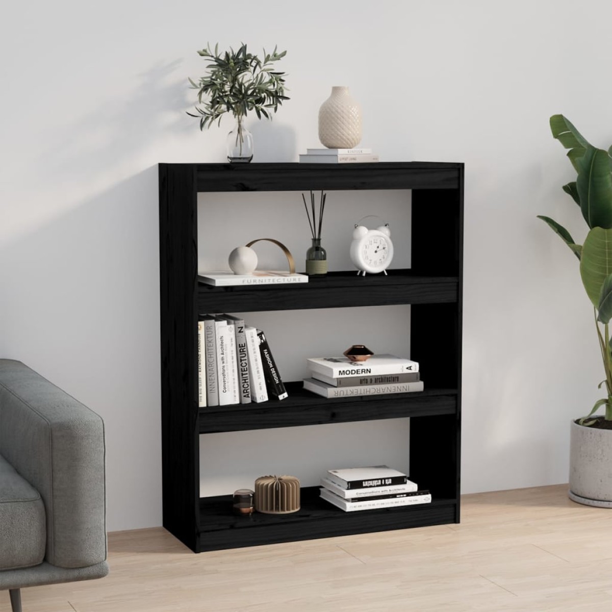 vidaXL Βιβλιοθήκη/Διαχωριστικό Χώρου Μαύρη 80x30x103,5 εκ. Μασίφ Πεύκο