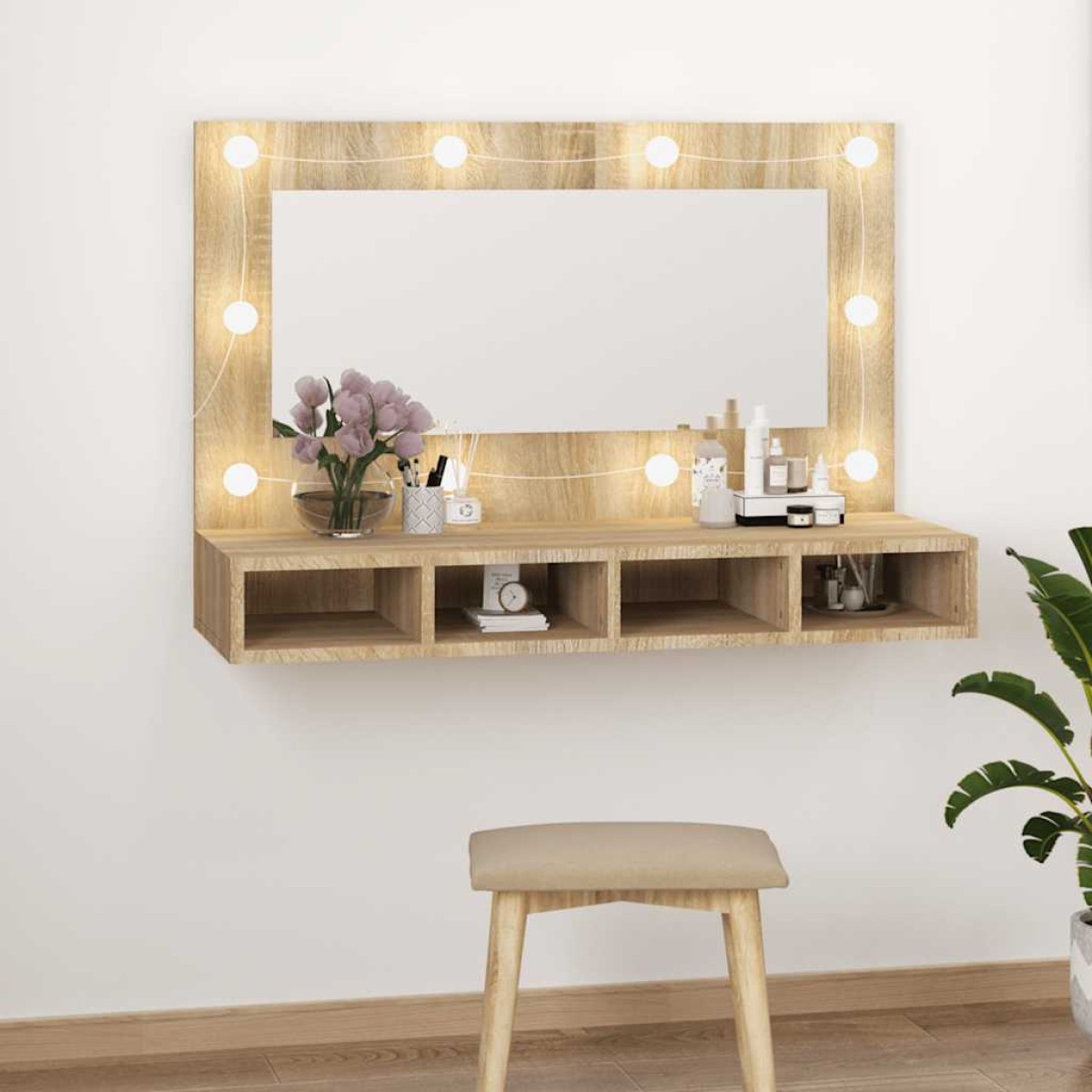 vidaXL Έπιπλο Καθρέπτη με LED Sonoma Δρυς 90x31,5x62 εκ.