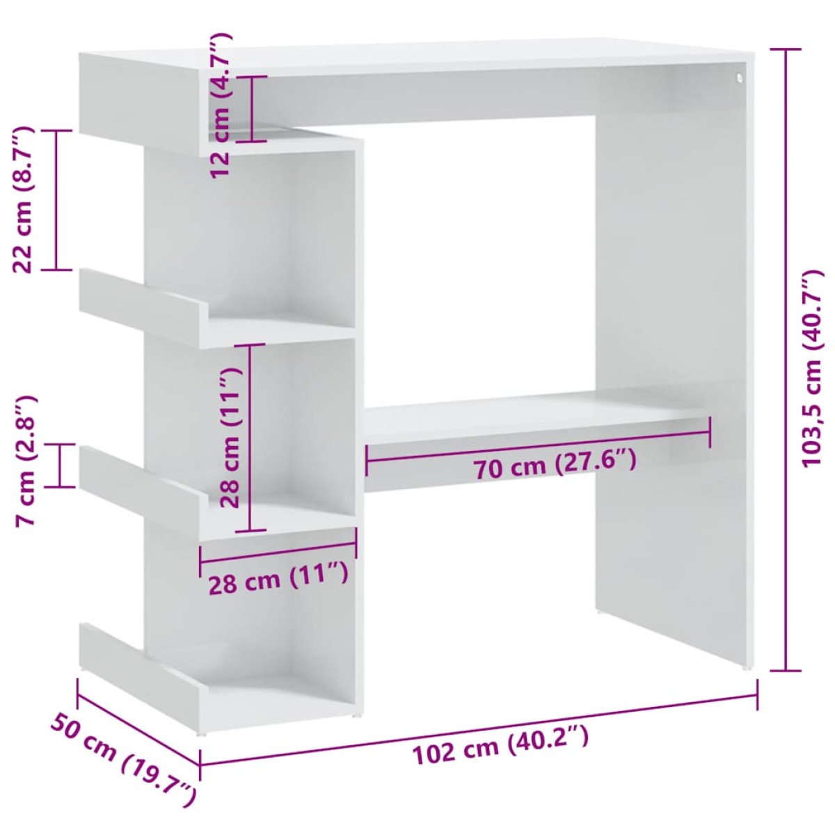 vidaXL Τραπέζι Μπαρ με Ράφια Γυαλ. Λευκό 100x50x101,5 εκ. Μοριοσανίδα