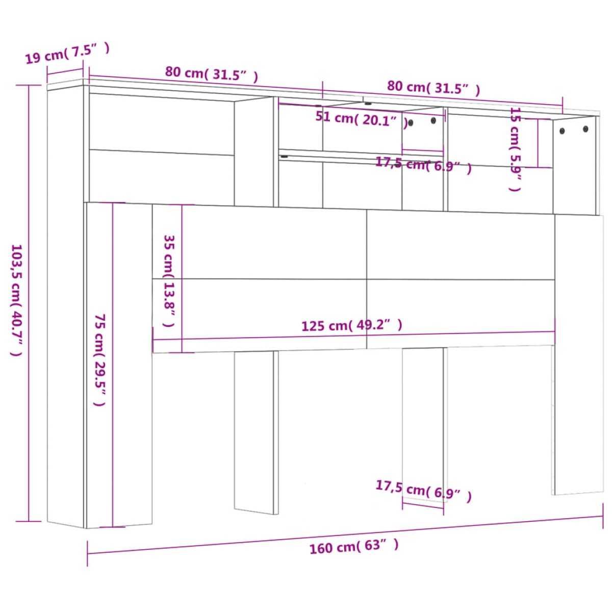 vidaXL Κεφαλάρι Με Αποθηκευτικό Χώρο Λευκό 160 x 19 x 103,5 εκ.