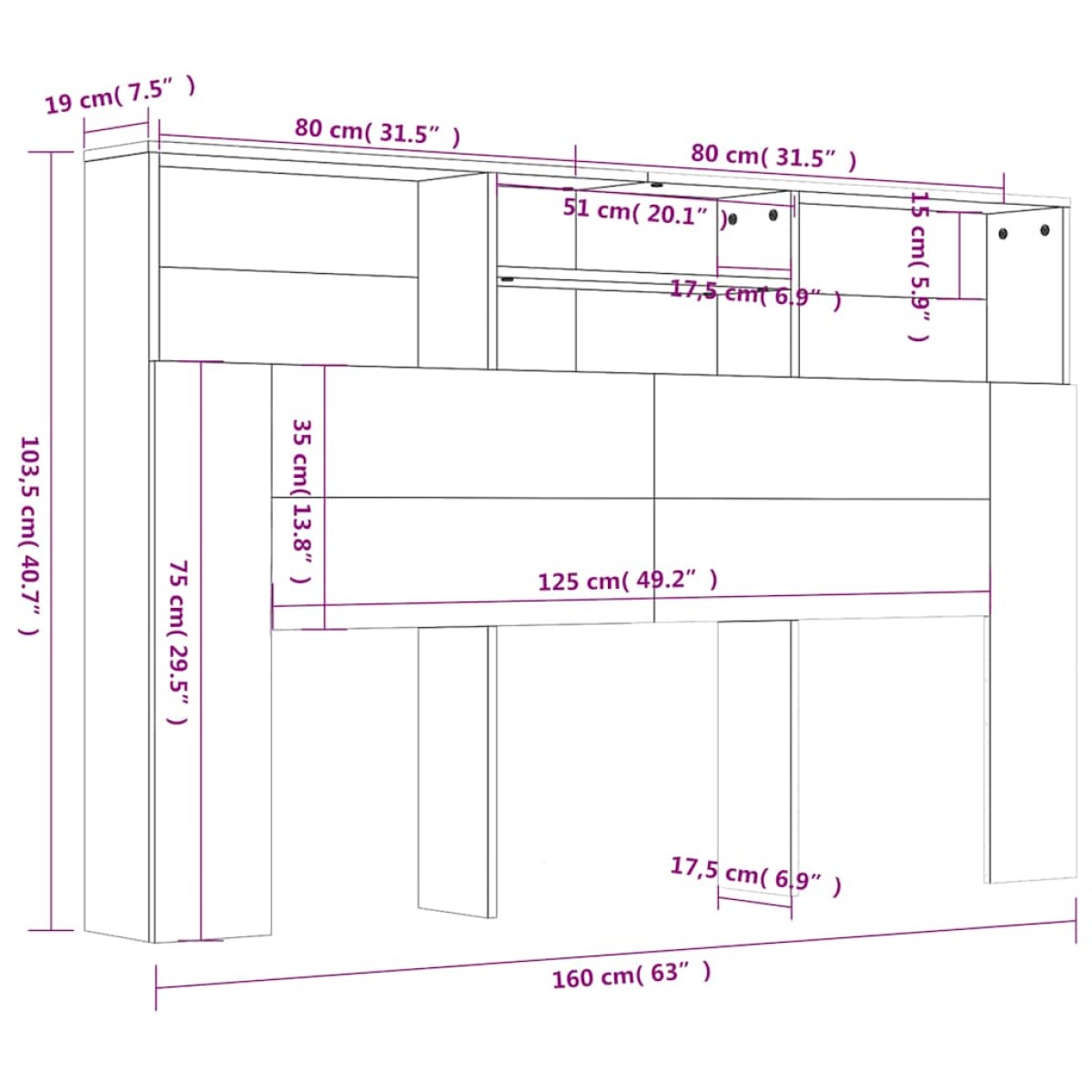vidaXL Κεφαλάρι Με Αποθηκευτικό Χώρο Μαύρο 160 x 19 x 103,5 εκ.