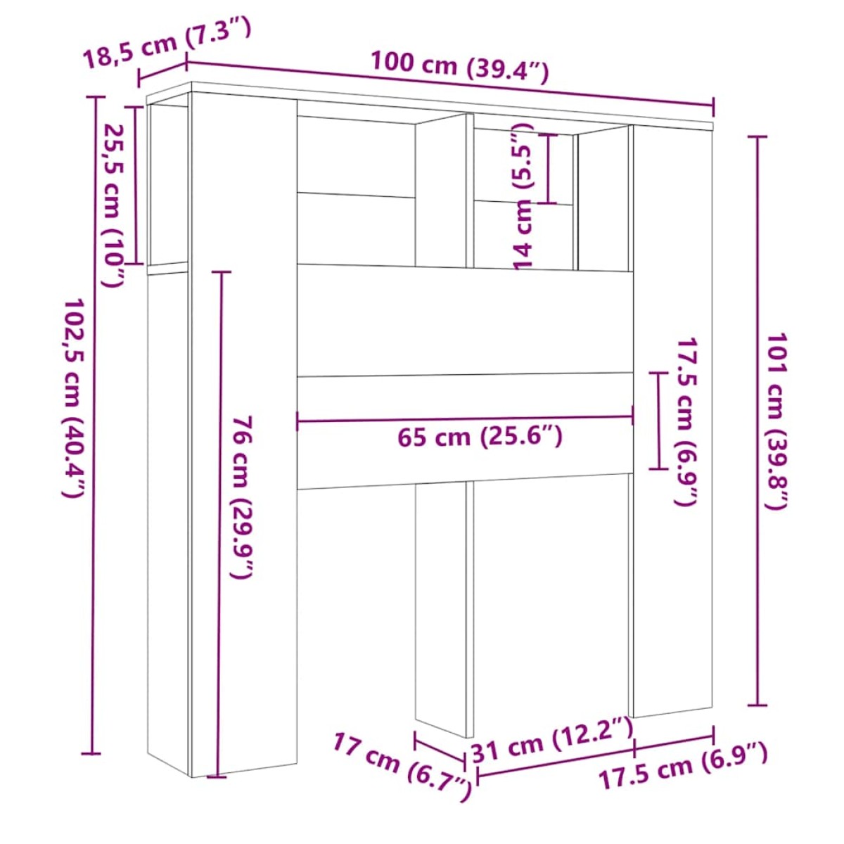 vidaXL Κεφαλάρι Με Αποθηκευτικό Χώρο Μαύρο 100 x 18,5 x 104,5 εκ.