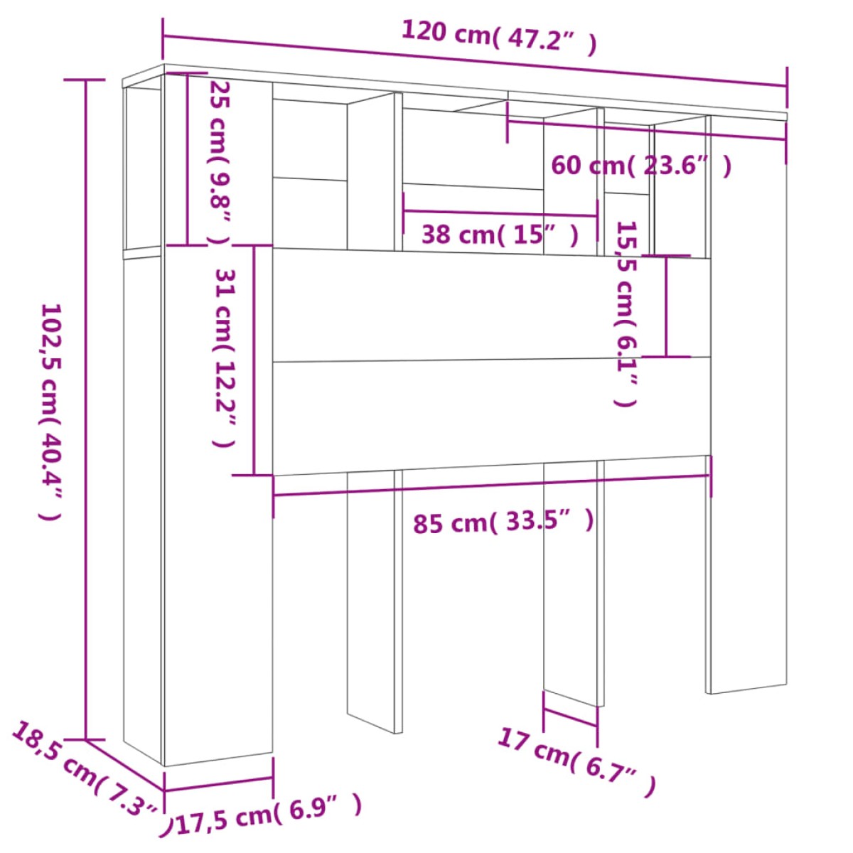 vidaXL Κεφαλάρι Με Αποθηκευτικό Χώρο Μαύρο 120x18,5x104,5 εκ.