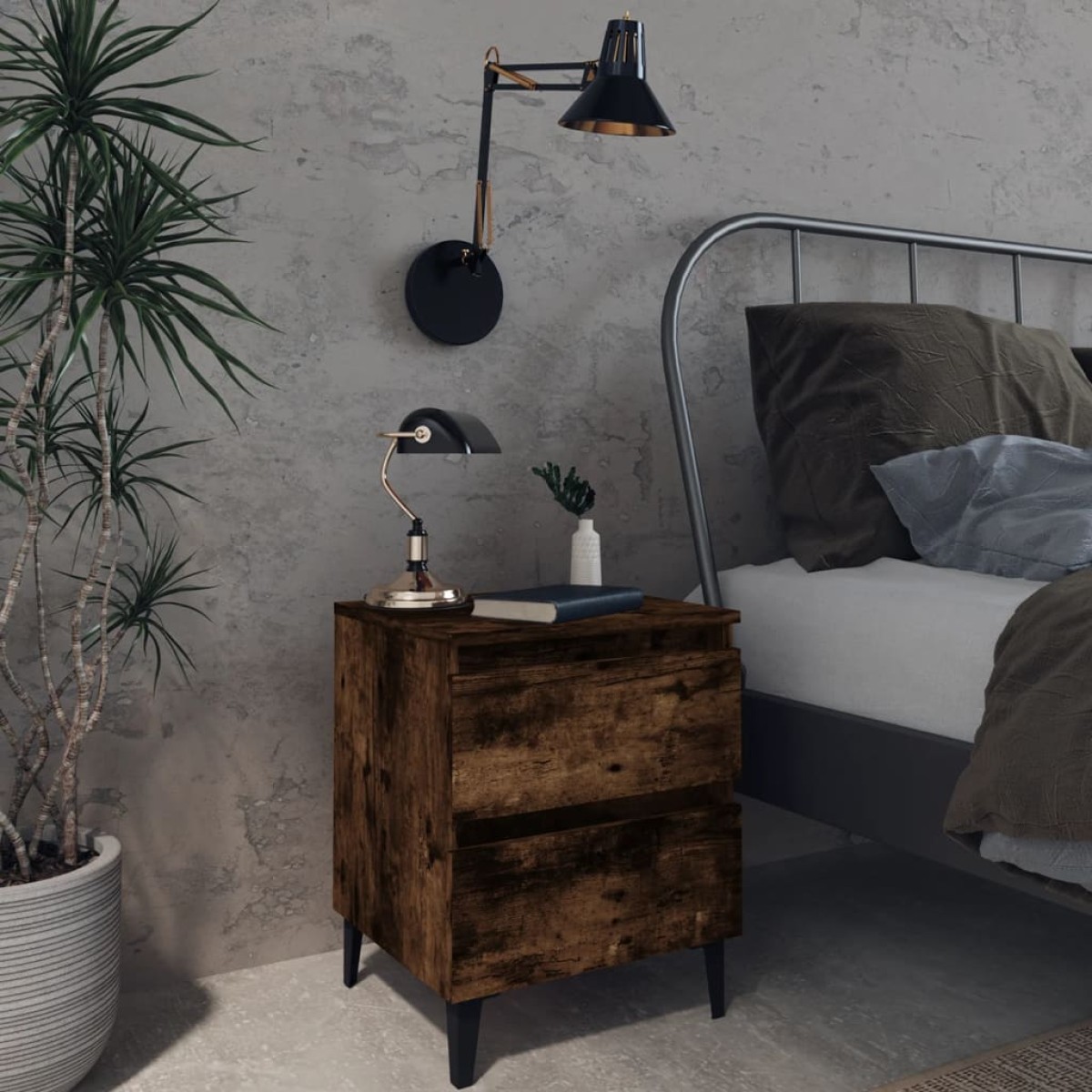 vidaXL Κομοδίνα 2 τεμ. Καπνιστή Δρυς 40x35x50εκ. με Μεταλλικά Πόδια