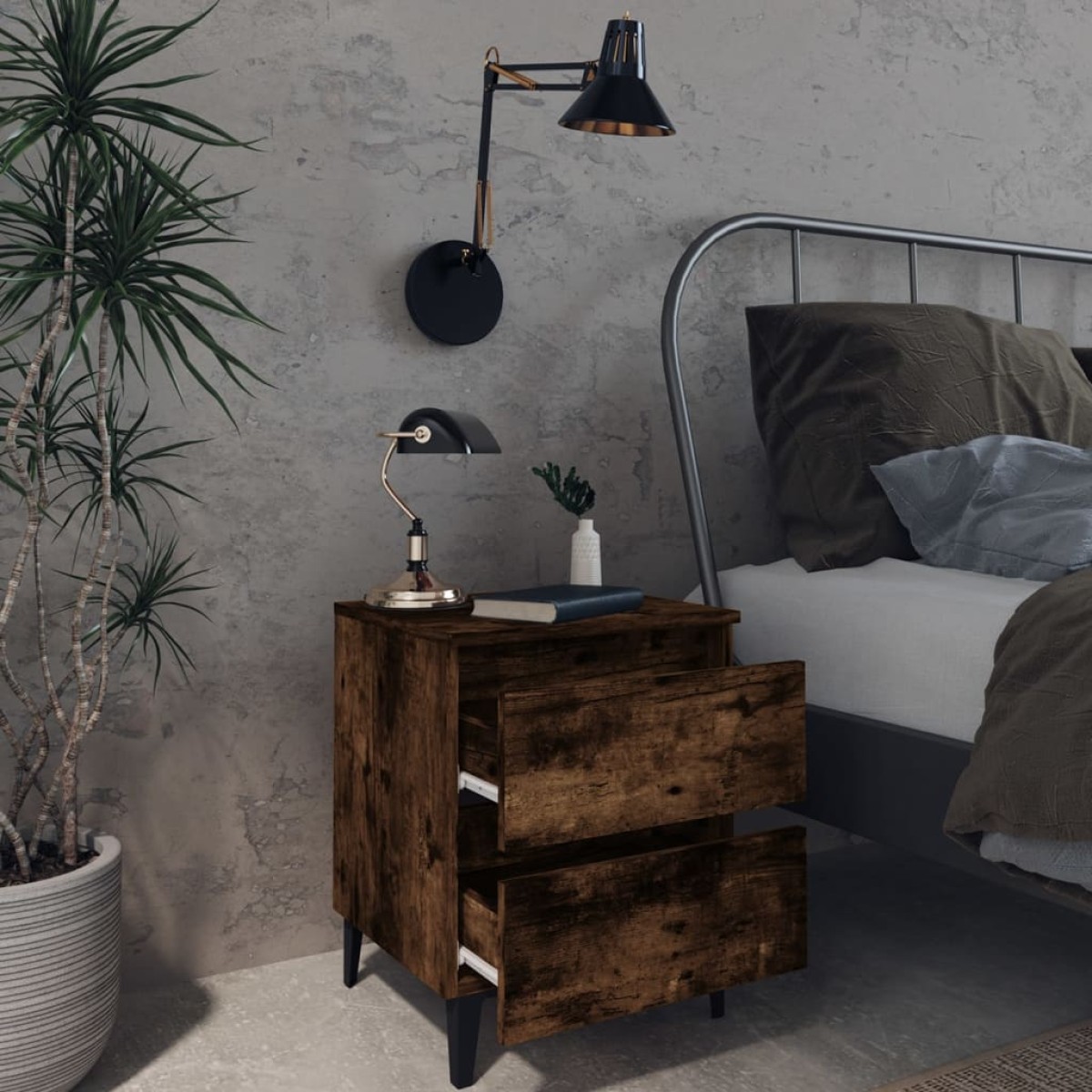 vidaXL Κομοδίνα 2 τεμ. Καπνιστή Δρυς 40x35x50εκ. με Μεταλλικά Πόδια