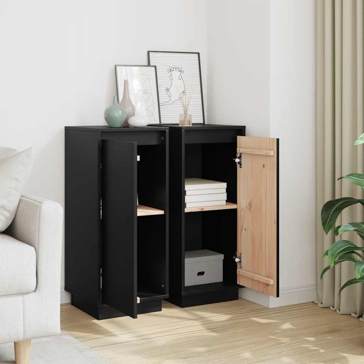 vidaXL Ντουλάπια 2 τεμ. Μαύρα 31,5 x 34 x 75 εκ. από Μασίφ Ξύλο Πεύκου
