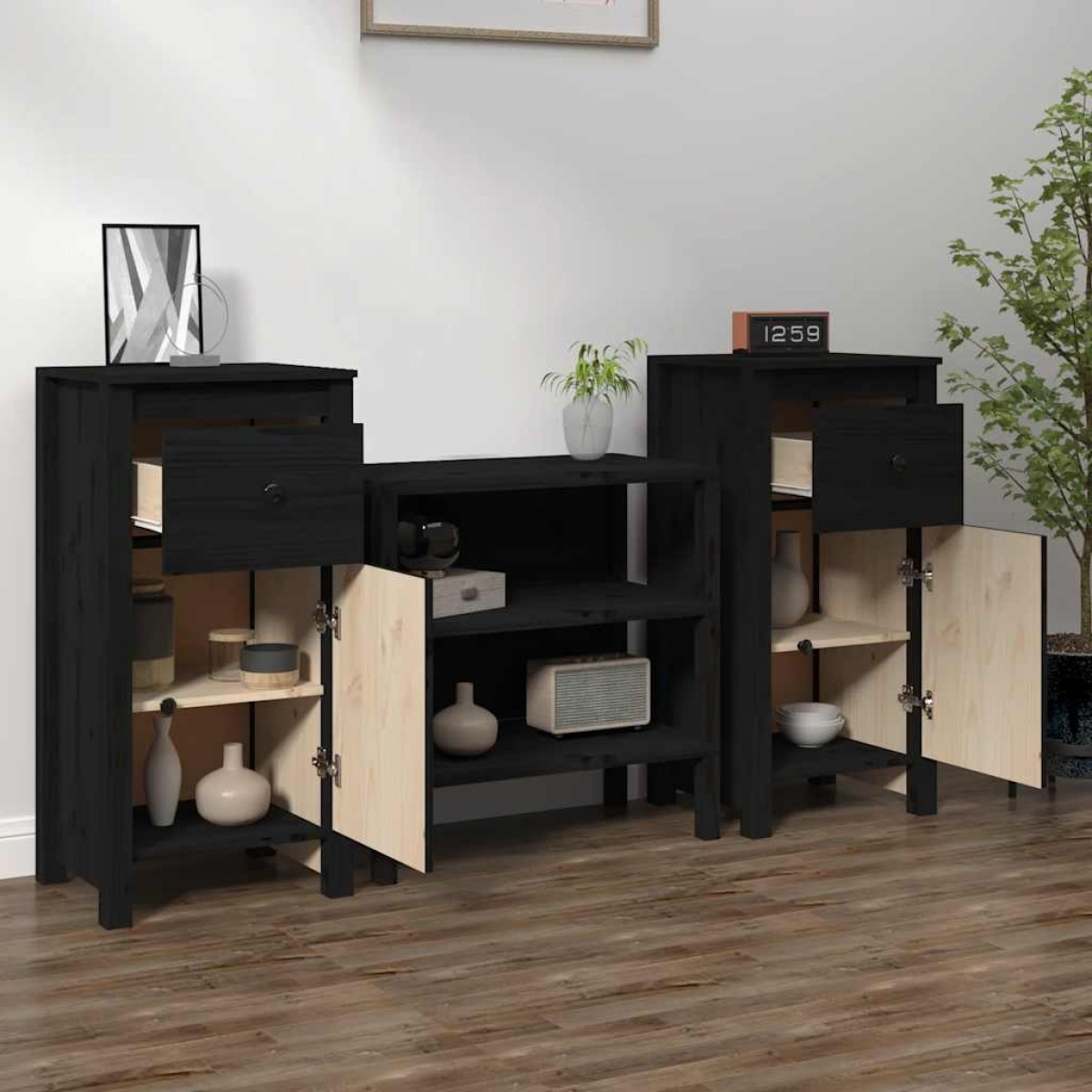 vidaXL Ντουλάπια 2 τεμ. Μαύρα 40x35x80 εκ. από Μασίφ Ξύλο Πεύκου