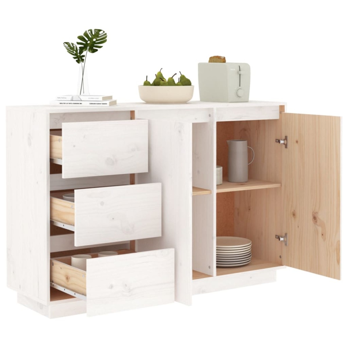 vidaXL Μπουφές με Συρτάρια Λευκός 111x34x75 εκ. από Μασίφ Ξύλο Πεύκου