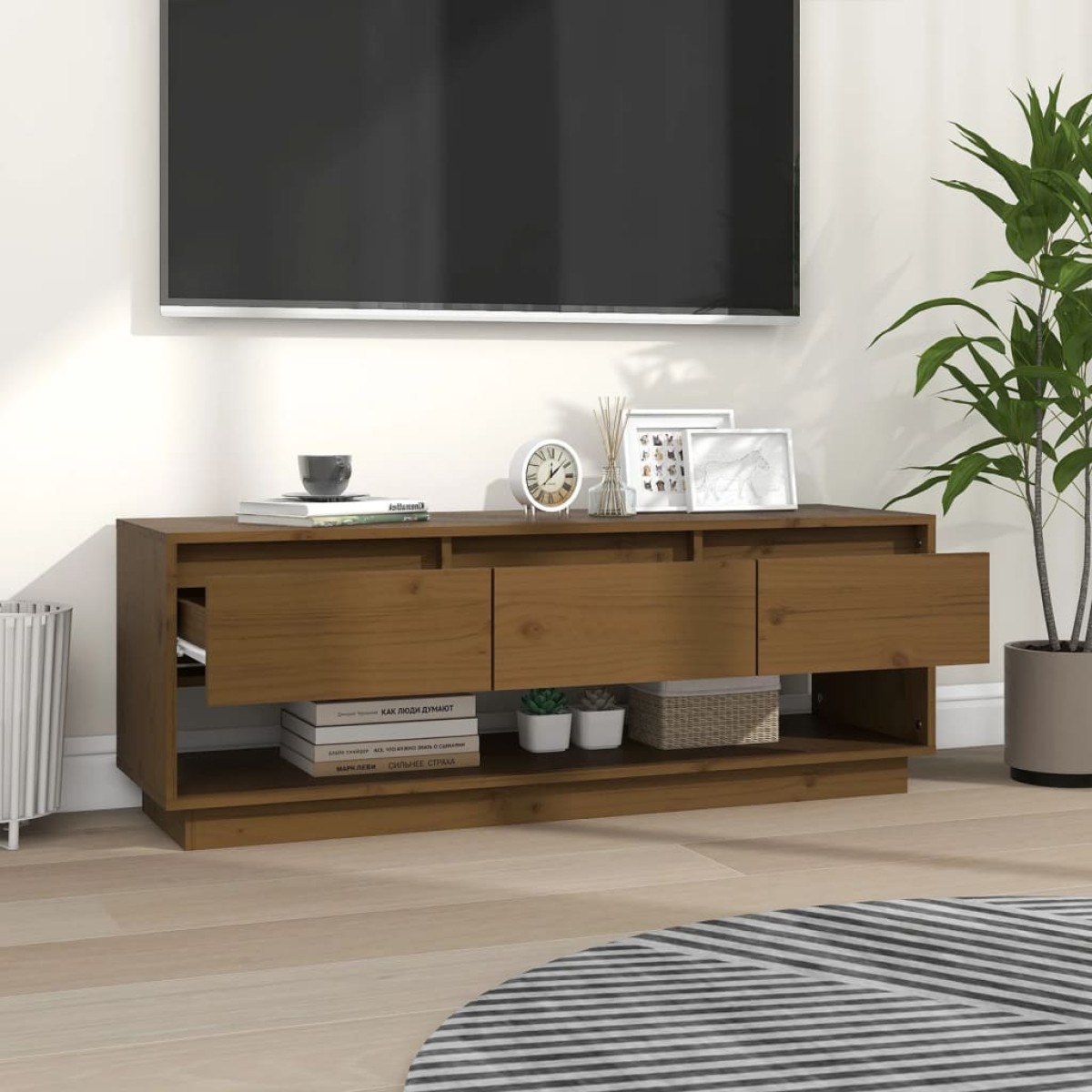 vidaXL Έπιπλο Τηλεόρασης Καφέ Μελί 110,5x34x40εκ από Μασίφ Ξύλο Πεύκου