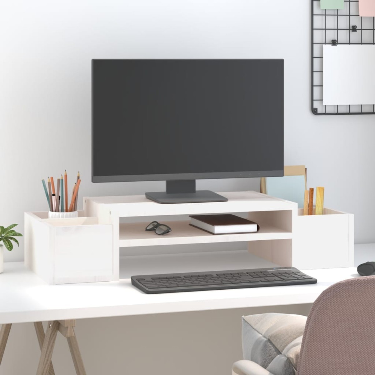 vidaXL Βάση Οθόνης Λευκή 70x27,5x15 εκ. από Μασίφ Ξύλο Πεύκου