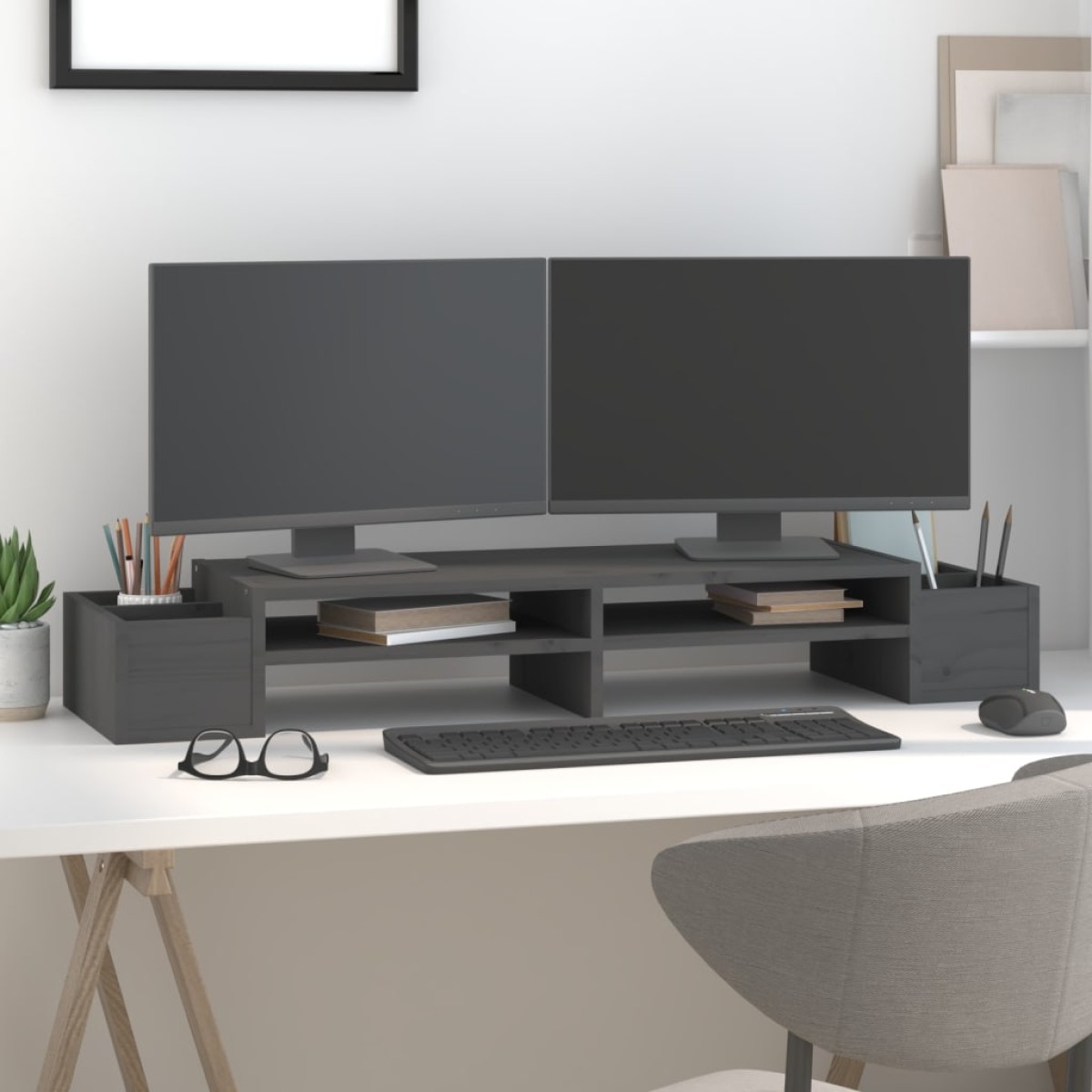 vidaXL Βάση Οθόνης Γκρι 100x27,5x15 εκ. από Μασίφ Ξύλο Πεύκου
