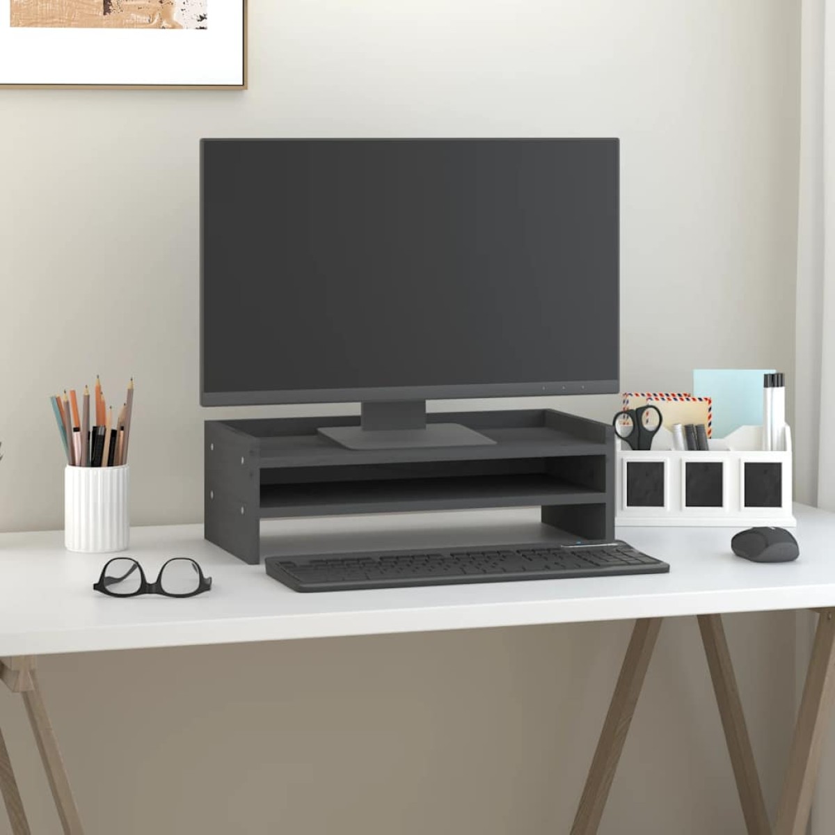 vidaXL Βάση Οθόνης Γκρι 50 x 24 x 16 εκ. από Μασίφ Ξύλο Πεύκου