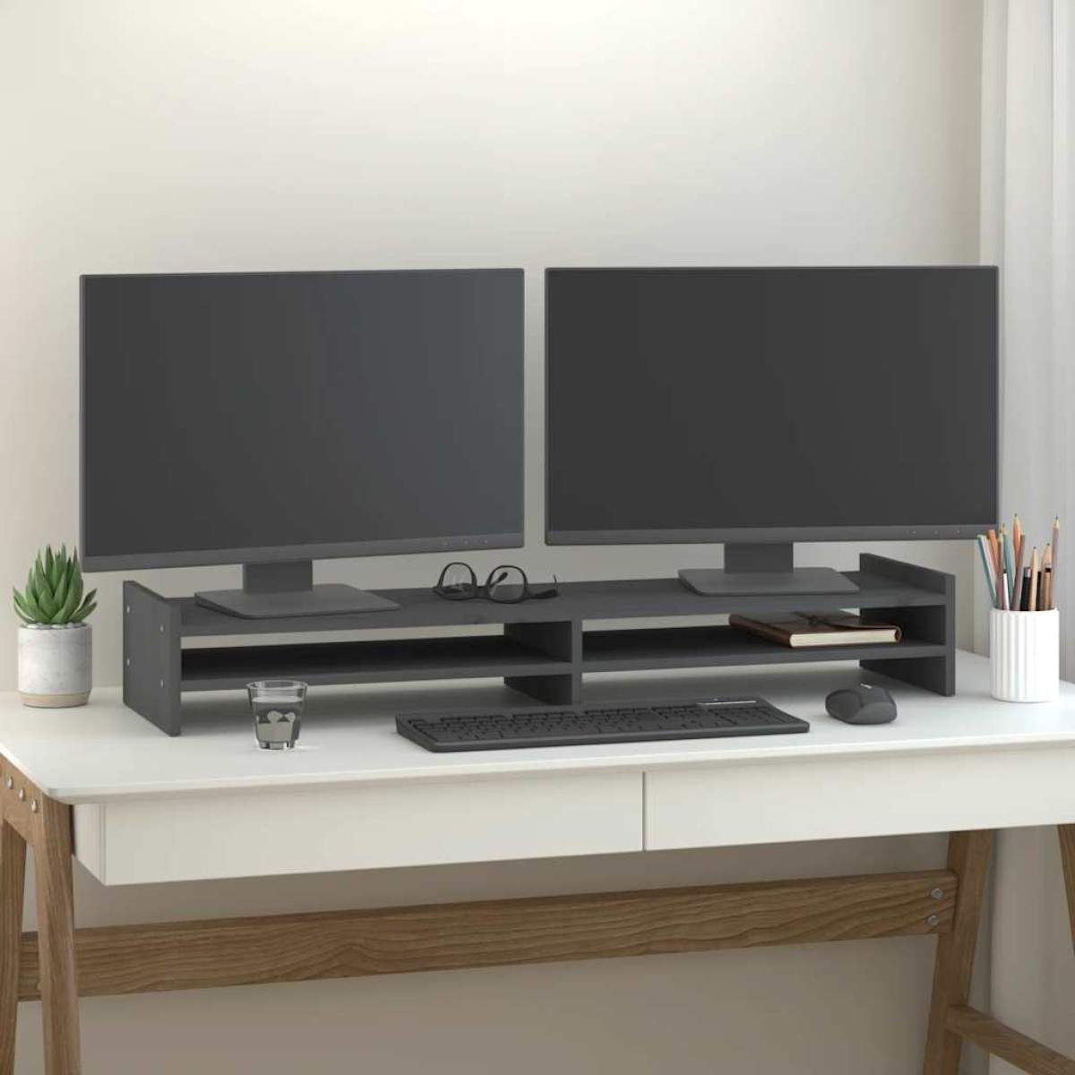 vidaXL Βάση Οθόνης Γκρι 100 x 27 x 15 εκ. από Μασίφ Ξύλο Πεύκου