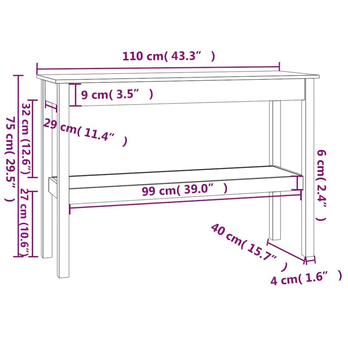 vidaXL Τραπέζι Κονσόλα 110 x 40 x 75 εκ. από Μασίφ Ξύλο Πεύκου