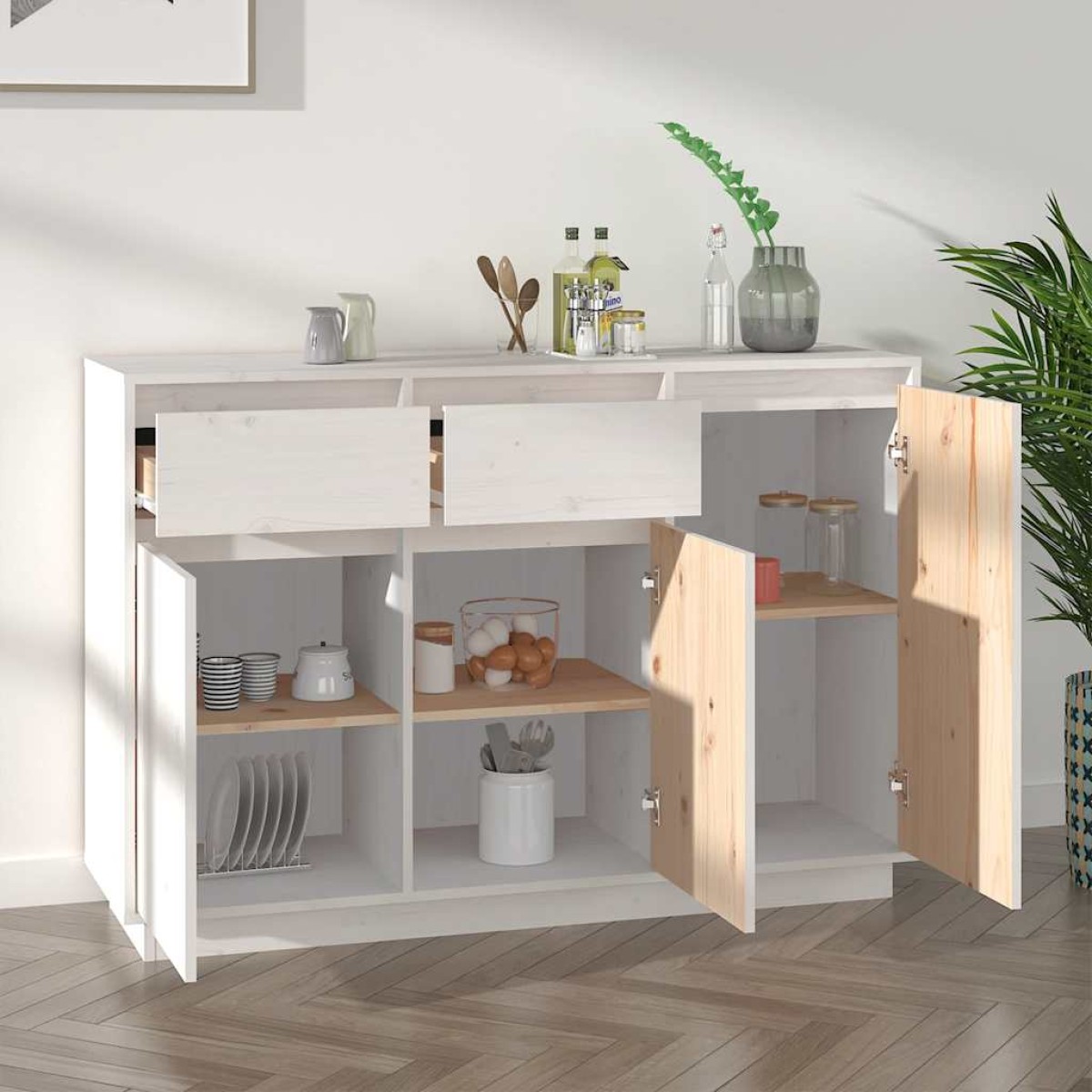 vidaXL Μπουφές Λευκός 110 x 34 x 75 εκ. από Μασίφ Ξύλο Πεύκου