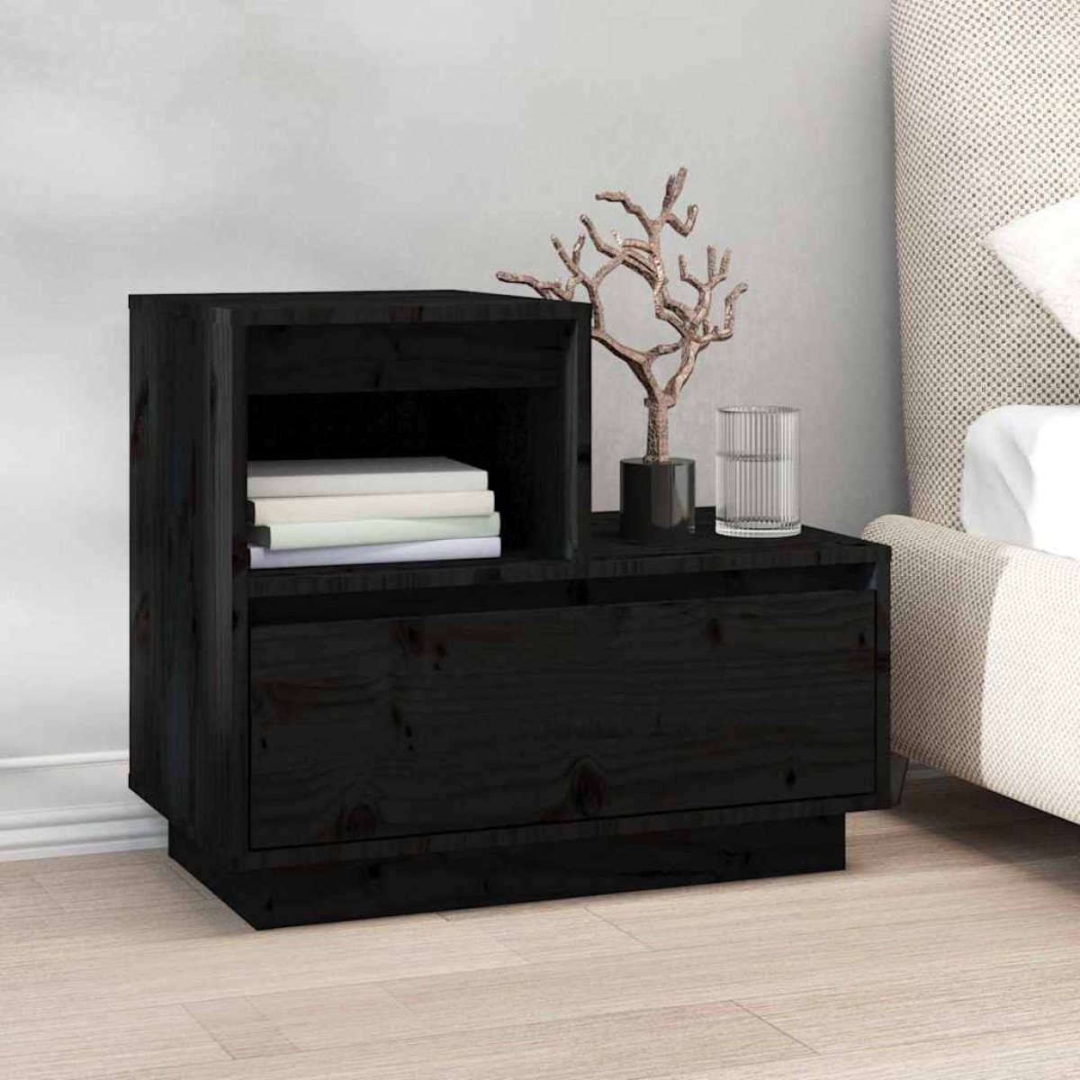 vidaXL Κομοδίνα 2 τεμ. Μαύρα 60 x 34 x 51 εκ. από Μασίφ Ξύλο Πεύκου