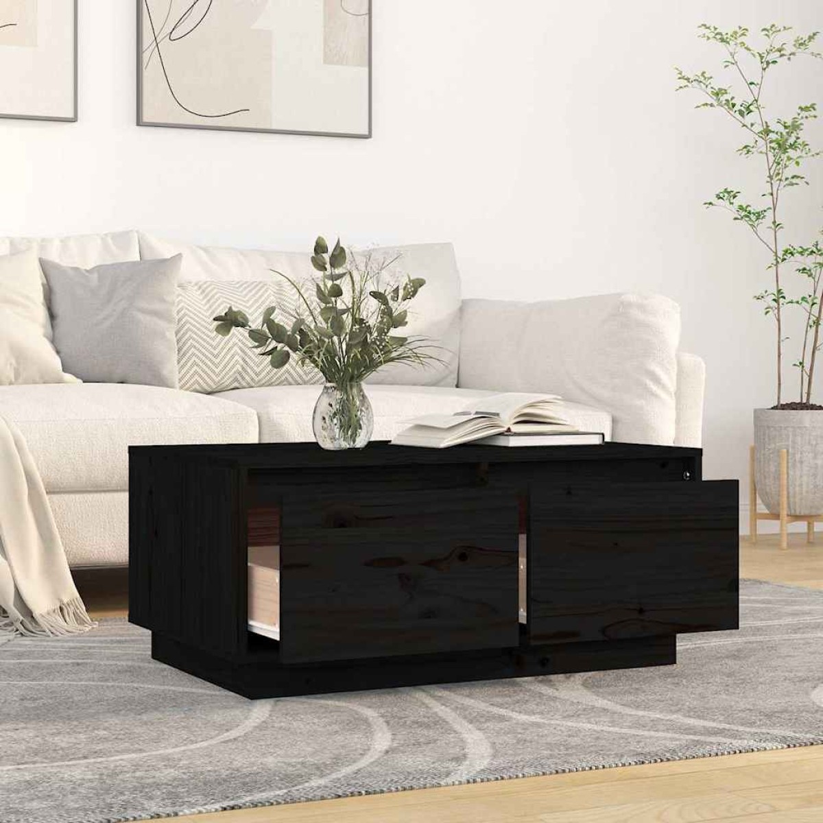 vidaXL Τραπεζάκι Σαλονιού Μαύρο 80 x 50 x 35 εκ. από Μασίφ Ξύλο Πεύκου