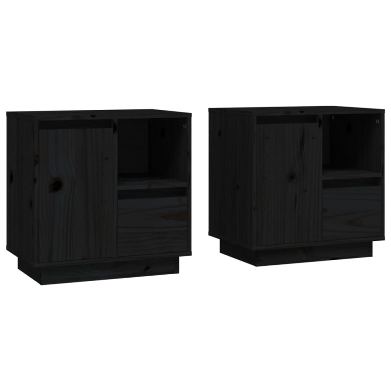 vidaXL Κομοδίνα 2 τεμ. Μαύρα 50x34x50 εκ. από Μασίφ Ξύλο Πεύκου