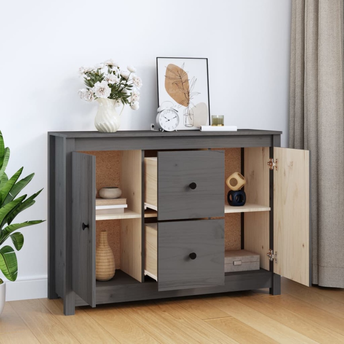 vidaXL Ντουλάπι Γκρι 100 x 35 x 74 εκ. από Μασίφ Ξύλο Πεύκου
