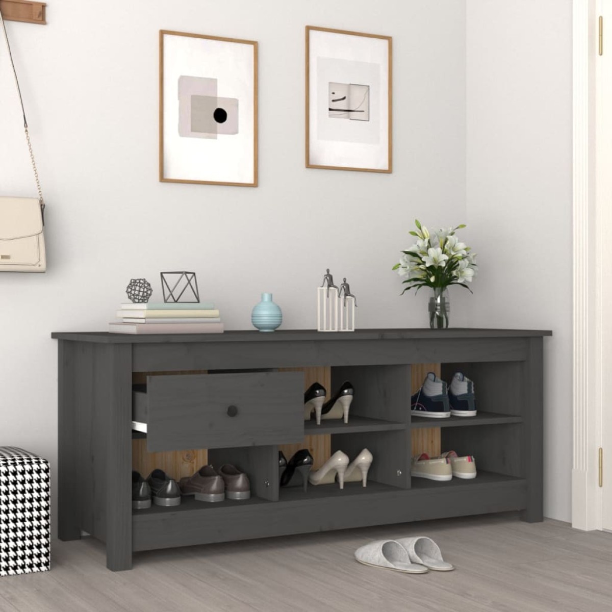 vidaXL Παπουτσοθήκη Γκρί 110 x 38 x 45,5 εκ. από Μασίφ Ξύλο Πεύκου