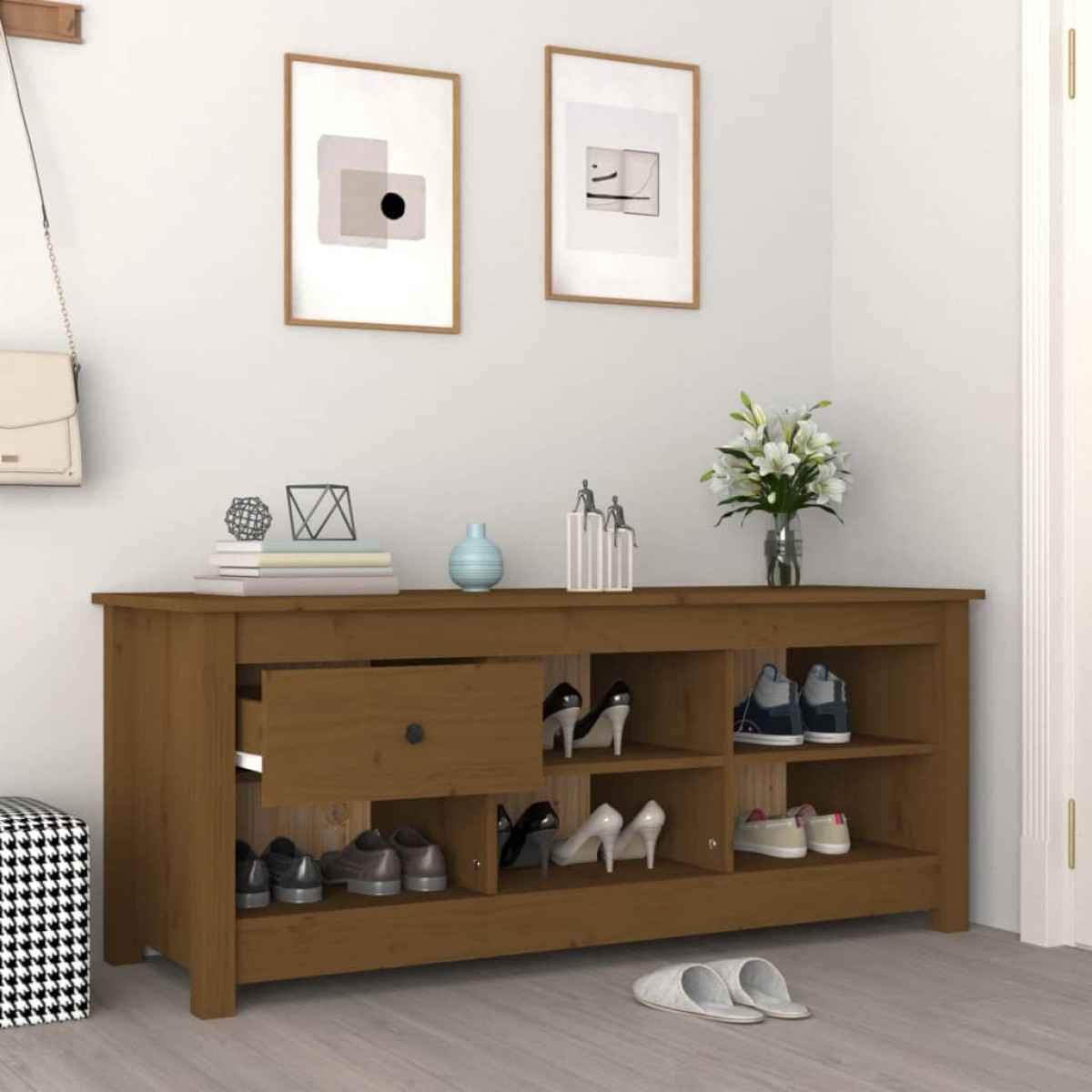 vidaXL Παπουτσοθήκη Μελί 110x38x45,5 εκ. από Μασίφ Ξύλο Πεύκου