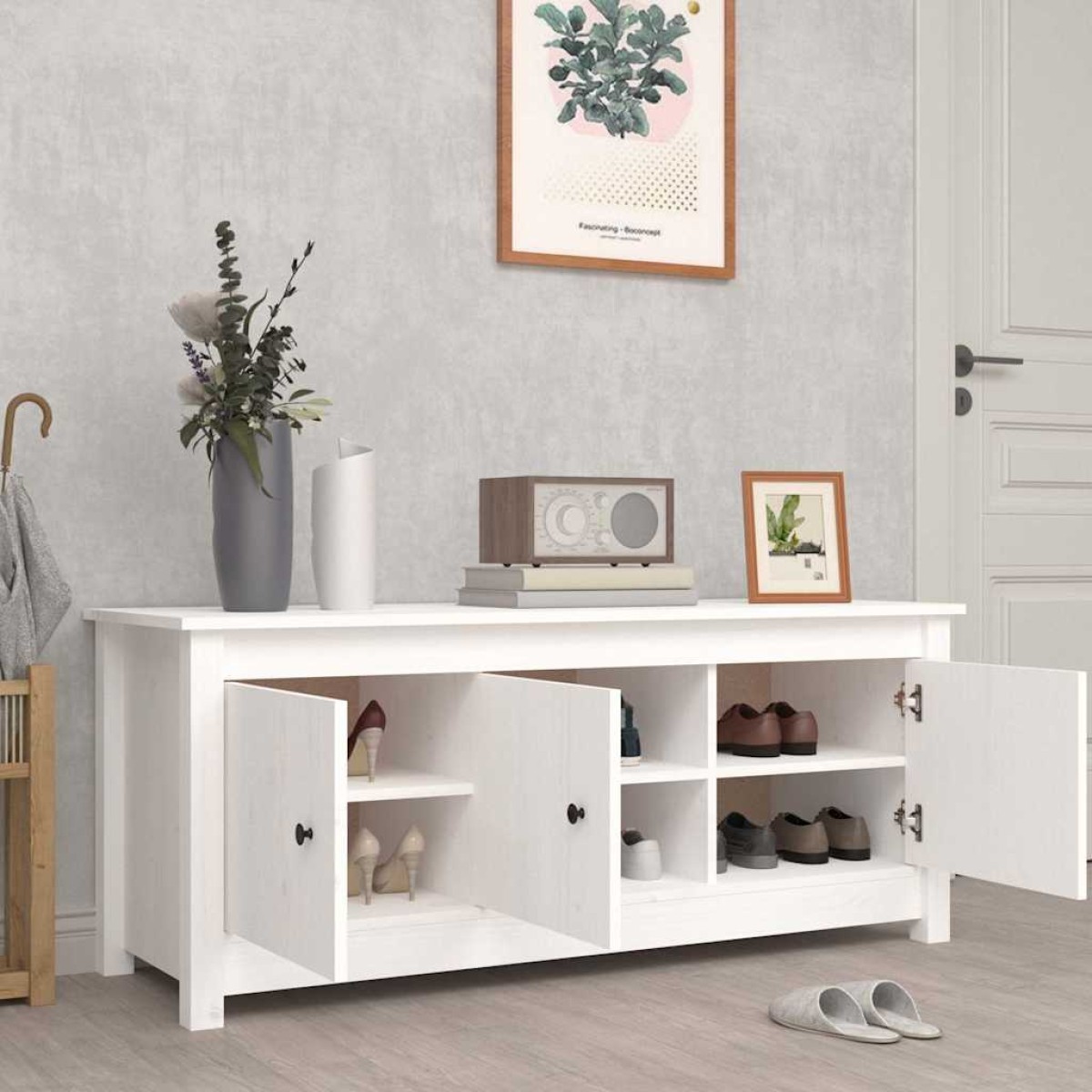 vidaXL Παπουτσοθήκη Λευκή 110 x 38 x 45,5 εκ. από Μασίφ Ξύλο Πεύκου