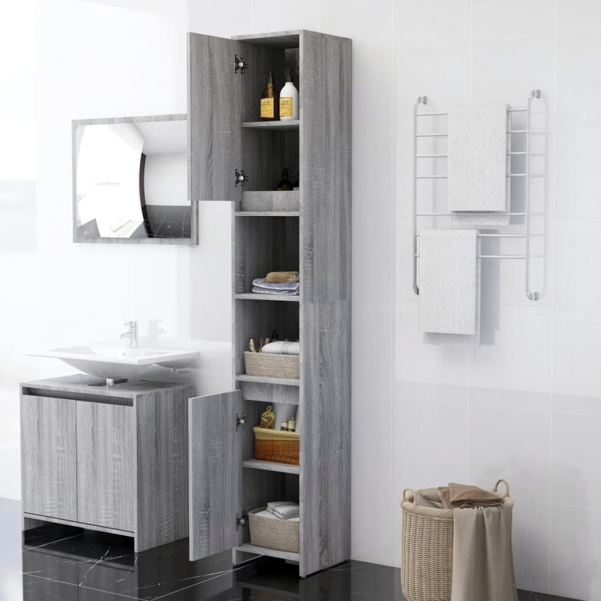vidaXL Ντουλάπι Μπάνιου Γκρι Sonoma 30x30x183,5 εκ. Επεξεργασμένο Ξύλο
