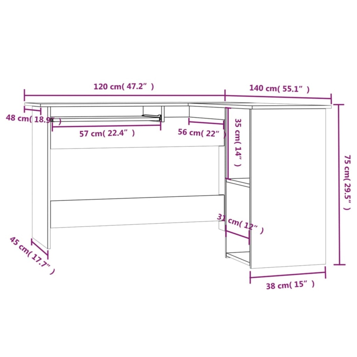 vidaXL Γραφείο Γωνιακό Γκρι Sonoma 120x140x75 εκ. Επεξεργασμένο Ξύλο