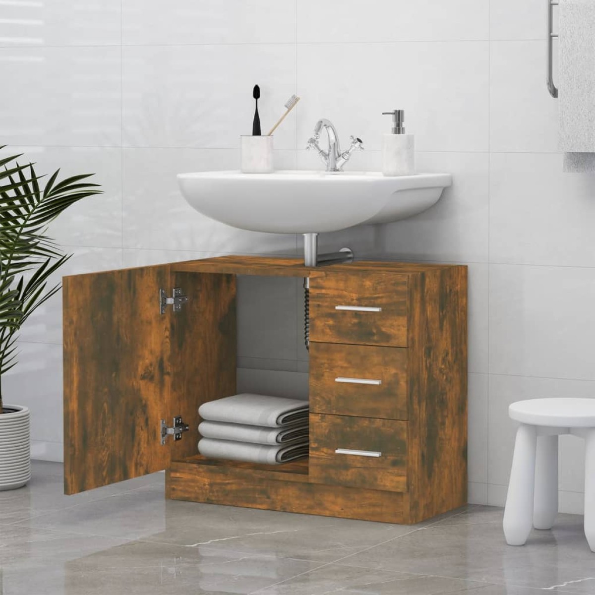 vidaXL Ντουλάπι Νιπτήρα Καπνιστή Δρυς 63 x 30 x 54 εκ. Επεξεργ. Ξύλο