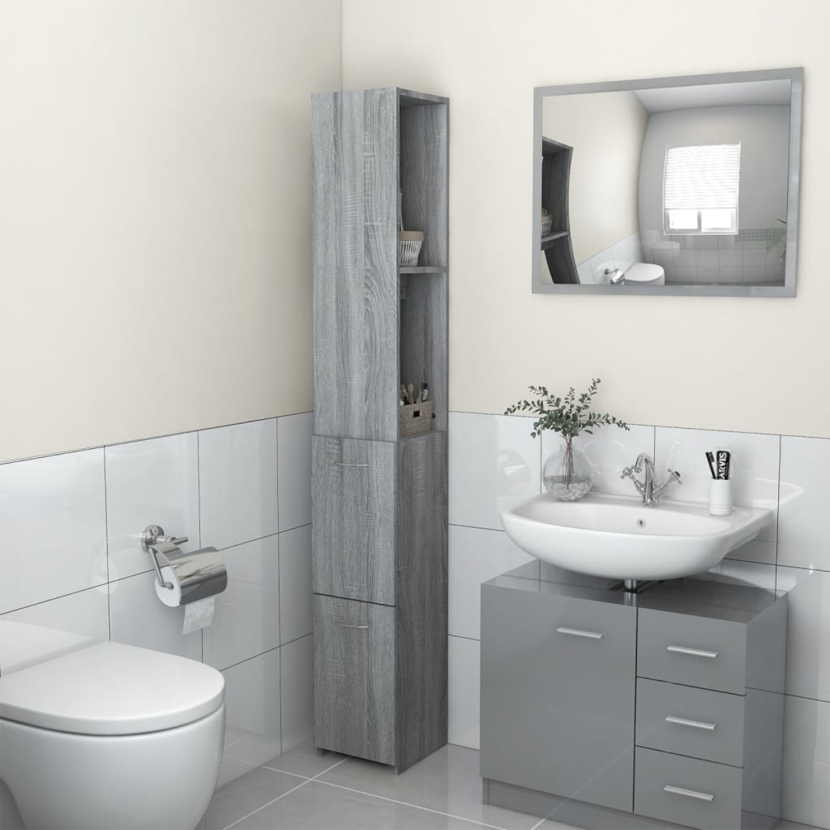 vidaXL Ντουλάπι Μπάνιου Γκρι Sonoma 25x26,5x170 εκ. Επεξεργασμένο Ξύλο