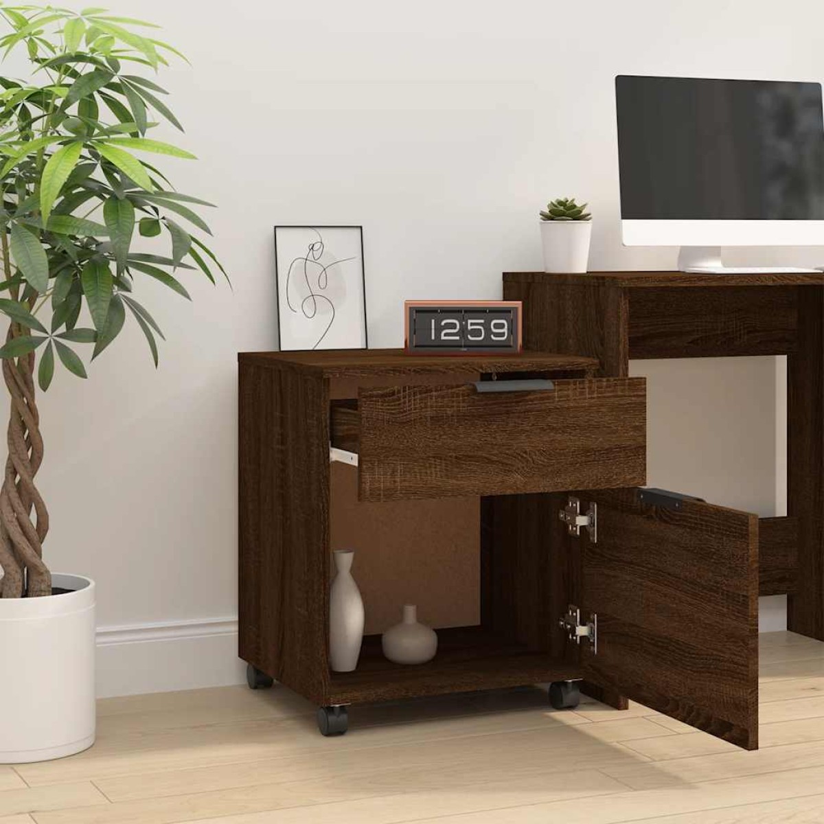 vidaXL Αρχειοθήκη Φορητή Καφέ Δρυς 45x38x54 εκ. Επεξ. Ξύλο με Ρόδες