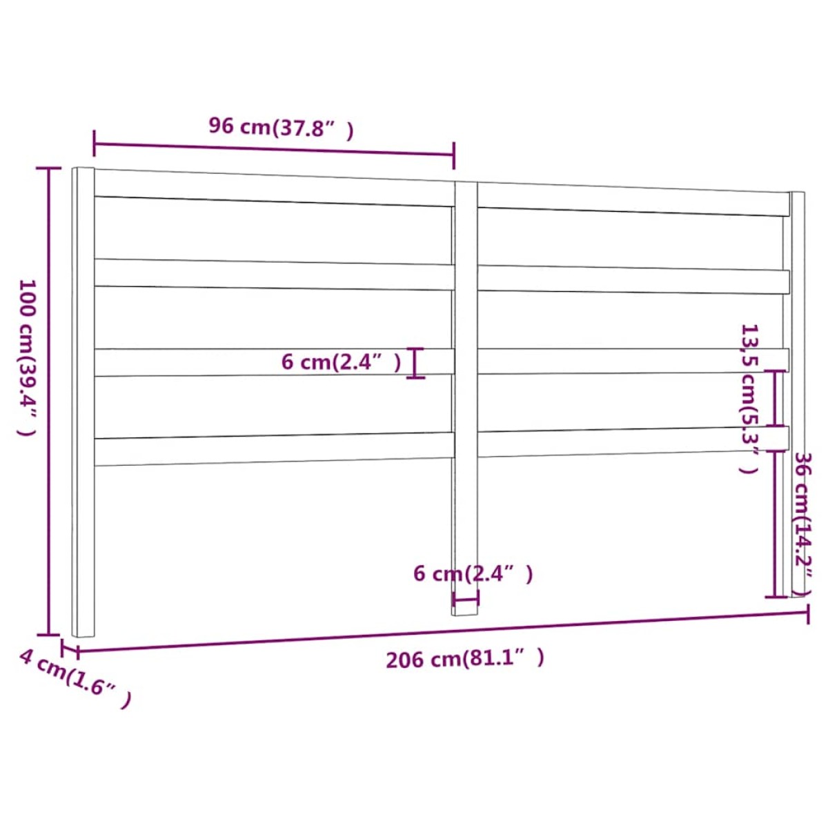 vidaXL Κεφαλάρι Κρεβατιού Μαύρο 206 x 4 x 100 εκ. Μασίφ Ξύλο Πεύκου