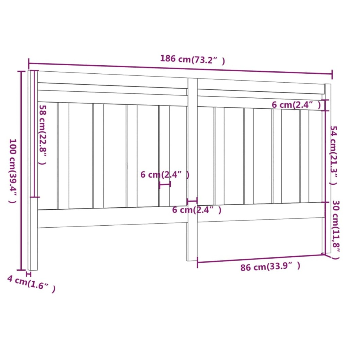 vidaXL Κεφαλάρι Κρεβατιού Μαύρο 186 x 4 x 100 εκ. Μασίφ Ξύλο Πεύκου
