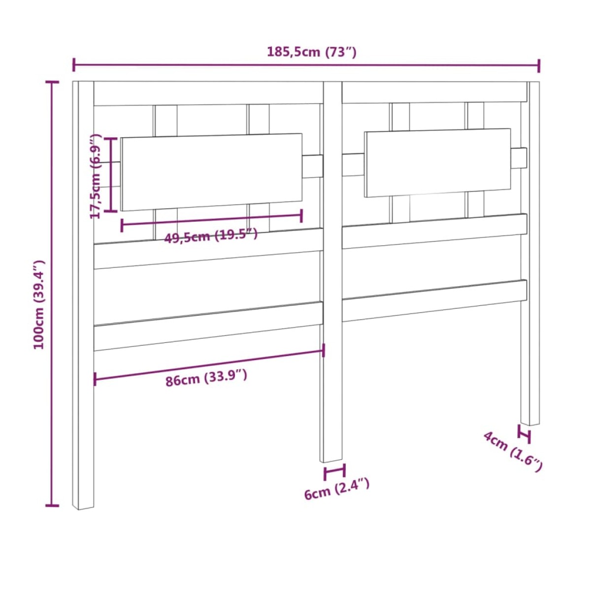 vidaXL Κεφαλάρι Κρεβατιού Γκρι 185,5x4x100 εκ. από Μασίφ Ξύλο Πεύκου